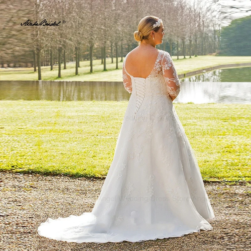 Abito da sposa a mezza manica taglie forti per donna Scollo a V in pizzo A Line Abiti da sposa con applique Robe De Mariée