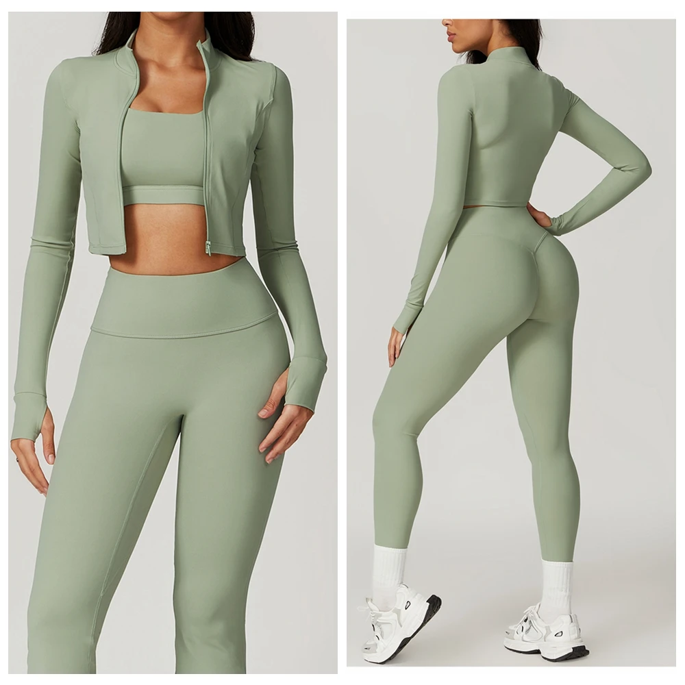 

Женские комплекты для тренировок из трех предметов, спортивная одежда, топ на молнии с длинными рукавами и леггинсы с высокой талией, спортивный костюм для йоги, весна-лето