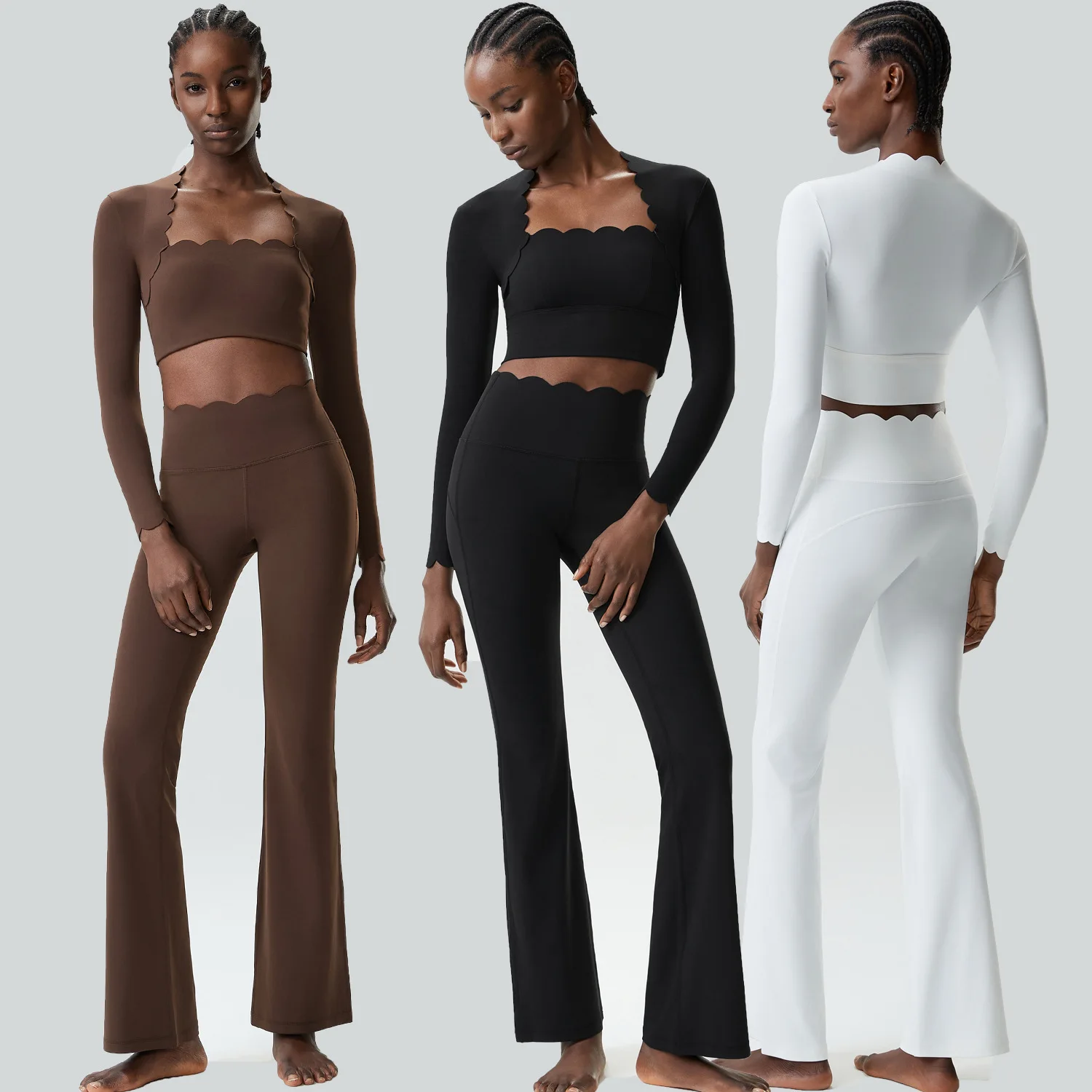 

Yoga suit women's wavy edge waist sports fitness suit long-sleeved flared pants 2-piece workout clothes women tracksuit women