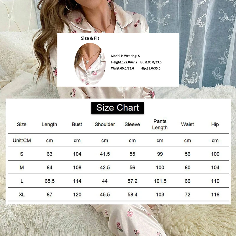 Pajamas For Women Flower Print Satin Long Sleeve Lapel Sleepwear Pajama Pants Home Clothes Nightwear Pyjama Femme Lounge Pj Set