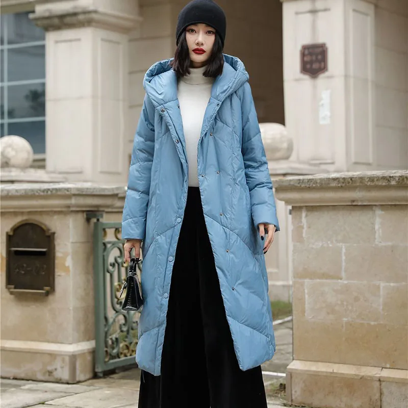 

2023 New Autumn Winter Warm Women Down Jacket Thicken White Duck Down Down Jacket Hooded Big Pocket Long Sleeve Long Down Jacket
