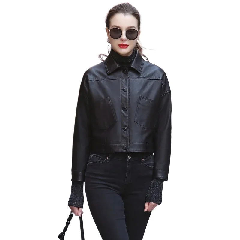 Damskie topy Moda Wysokiej Jakości Prawdziwa Damska Skóra Owcza Wiosenna Krótka Kurtka Motocyklowa Damskie Płaszcze Mujer Chaqueta