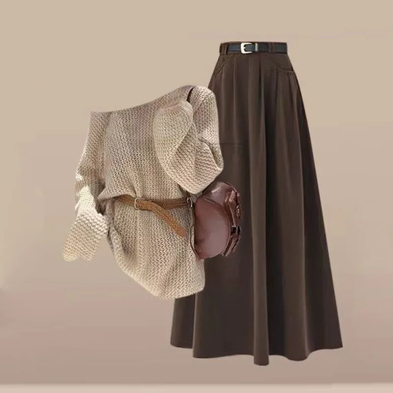 

Элегантный повседневный вязаный пуловер, осенний топ в сочетании с роскошной высокой талией, утягивающей длинной юбкой до половины тела, комплект из двух предметов