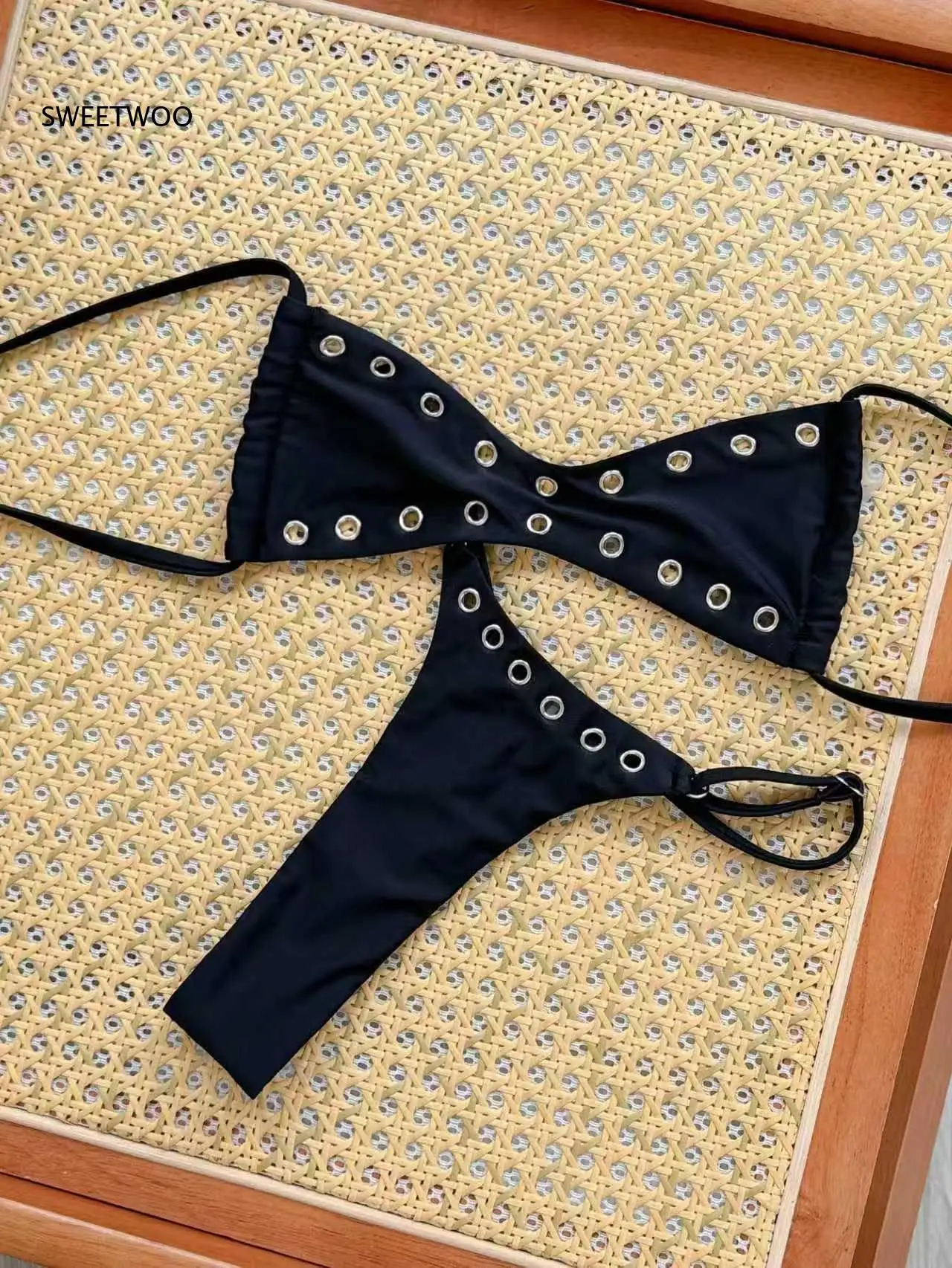 Women Hollow Out Two Piece Swimsuit Set Metal Eyelet Decor Halter Straps Cutout Design Padded Bikini Suit For Beach Vacation