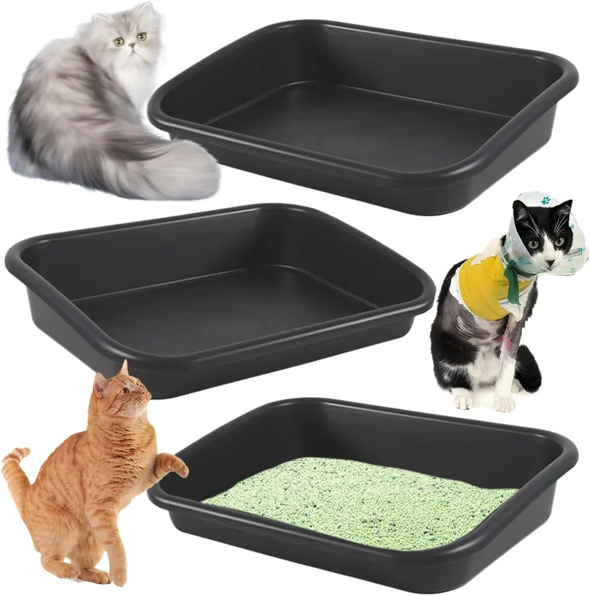 3 Pcs Low Entry Senior Cat Litter Box,Extra Large Size Pet Litter Box Low Entry Open Top Cat Litter Box for Kitten Frail