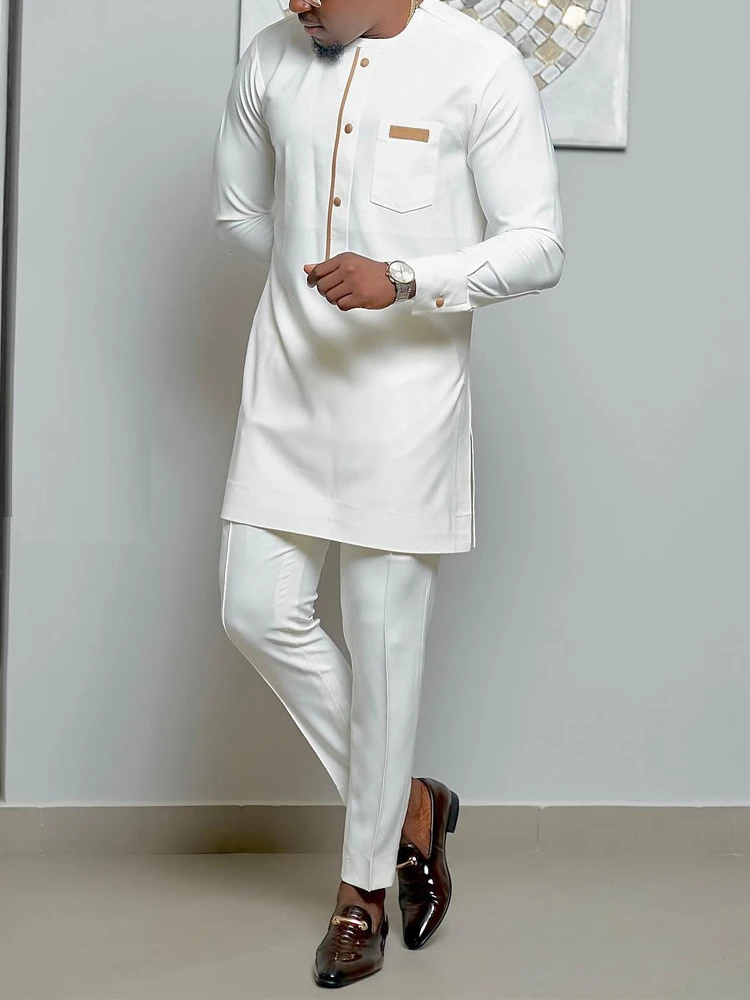 African Men Party Suit Round Collar Long Sleeves Pocket Splice Top Pants Two Piece Set Africa 2024 Summer Gentleman Outfits