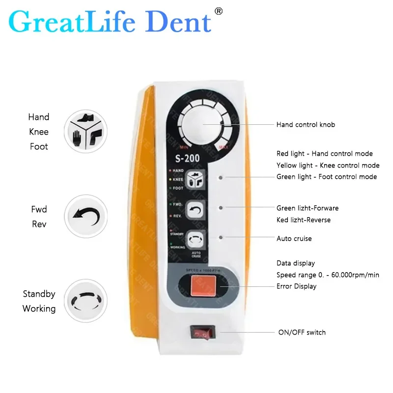 Greatlife-dentブラシレス歯科用マイクロモーター、高速マイクロモーター、ハンドピースドリル、研磨機、60000rpm