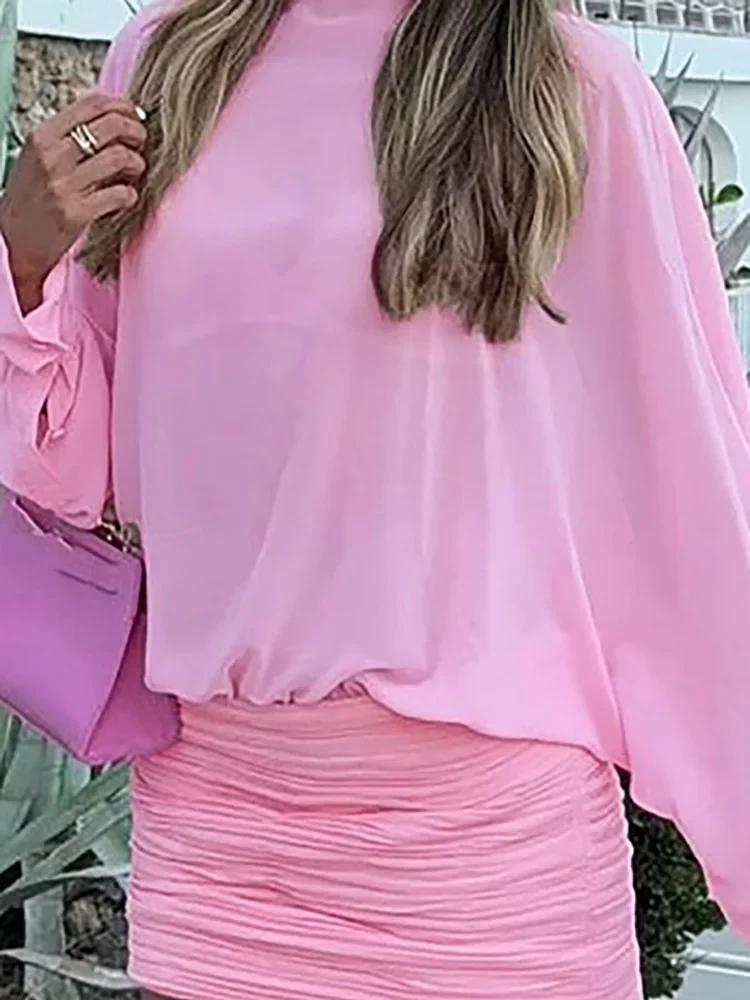 

Early Autumn Women O-neck Pleated Mini Dress Sexy Perspective Wrap Hip Party Dresses Chiffon Long Sleeved Slim Fit A-line Dress