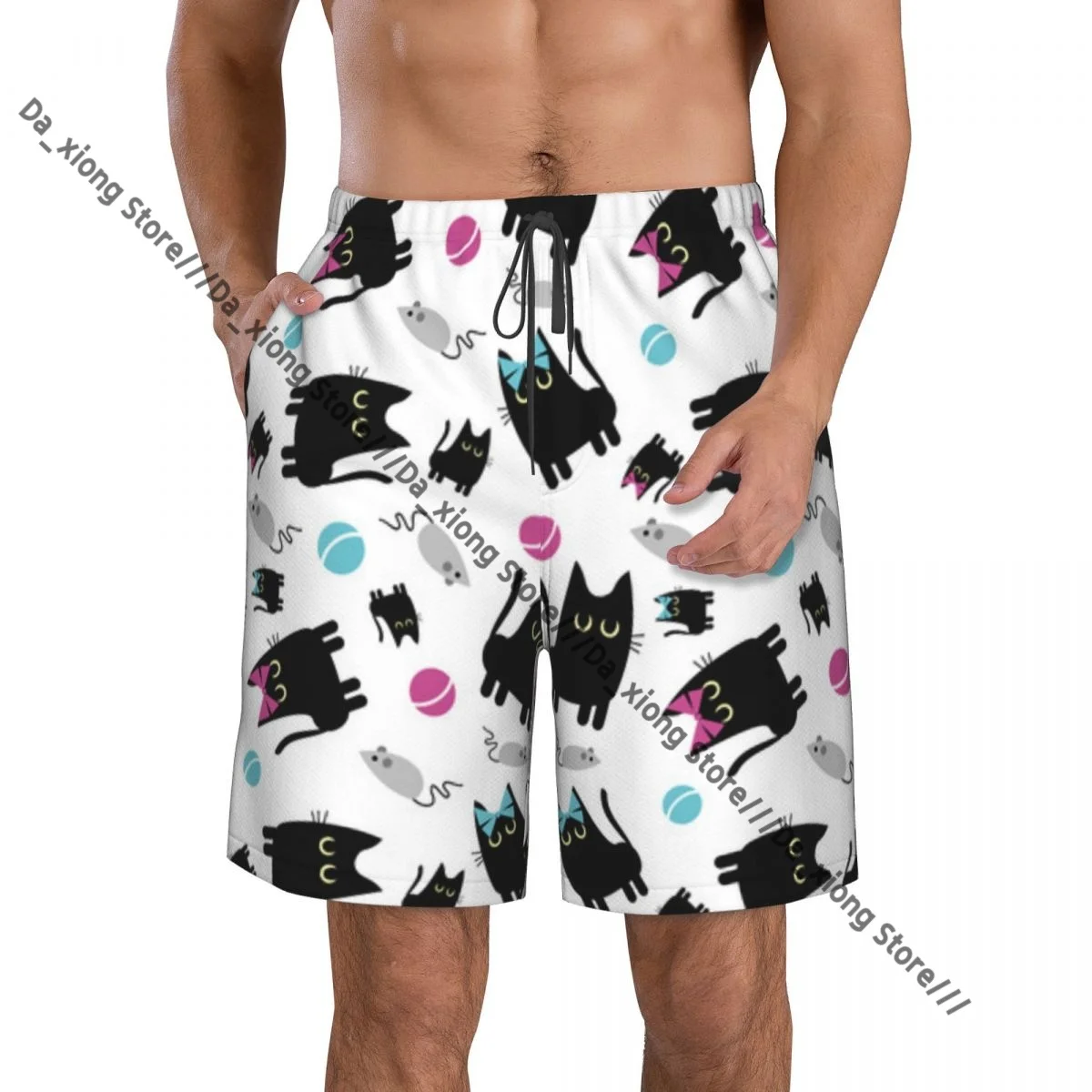 Men Beach Short Quick-drying Swimming Trunk Black Cats Background Swimwear Swimsuit Bathing Shorts