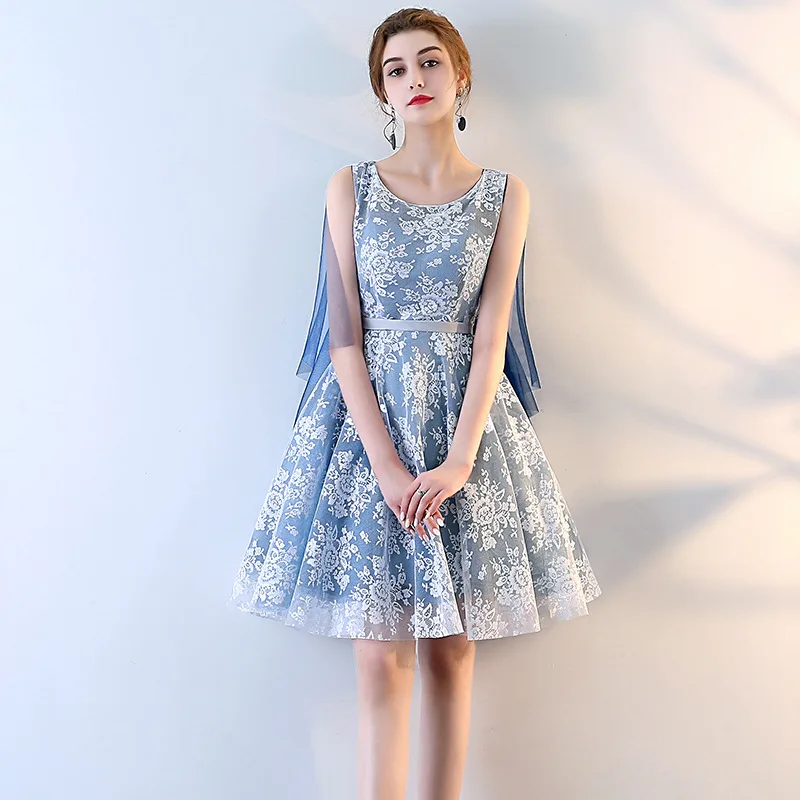 Abendkleider Blaue Gaze Blumenapplikationen HochzeitsbankettkleidTemperament Damen Abschlussball Elegante Brautjungfernkleider für Frauen