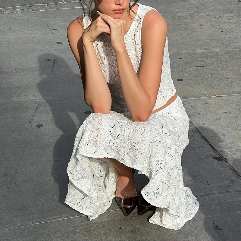 Sexy Hollow out Embroidery Vest High Waist Slimming Midi Skirt Set Sleeveless Women's Fashion Spring Season Polyester Fabric view 3