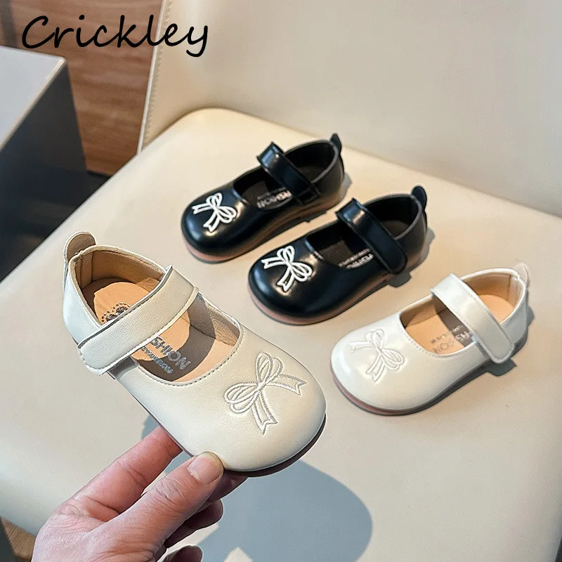 Chaussures en cuir PU avec nœud brodé pour enfants, chaussures de princesse solides, boucle à crochet, chaussures plates souples pour tout-petits, printemps et automne