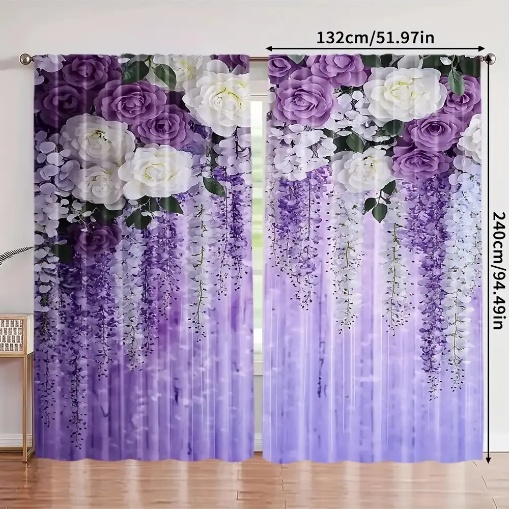 2pcs Romantic Purple Rose and Wisteria Print Curtains Floral Pattern Polyester Window Drapes for Living Room Bedroom Decor