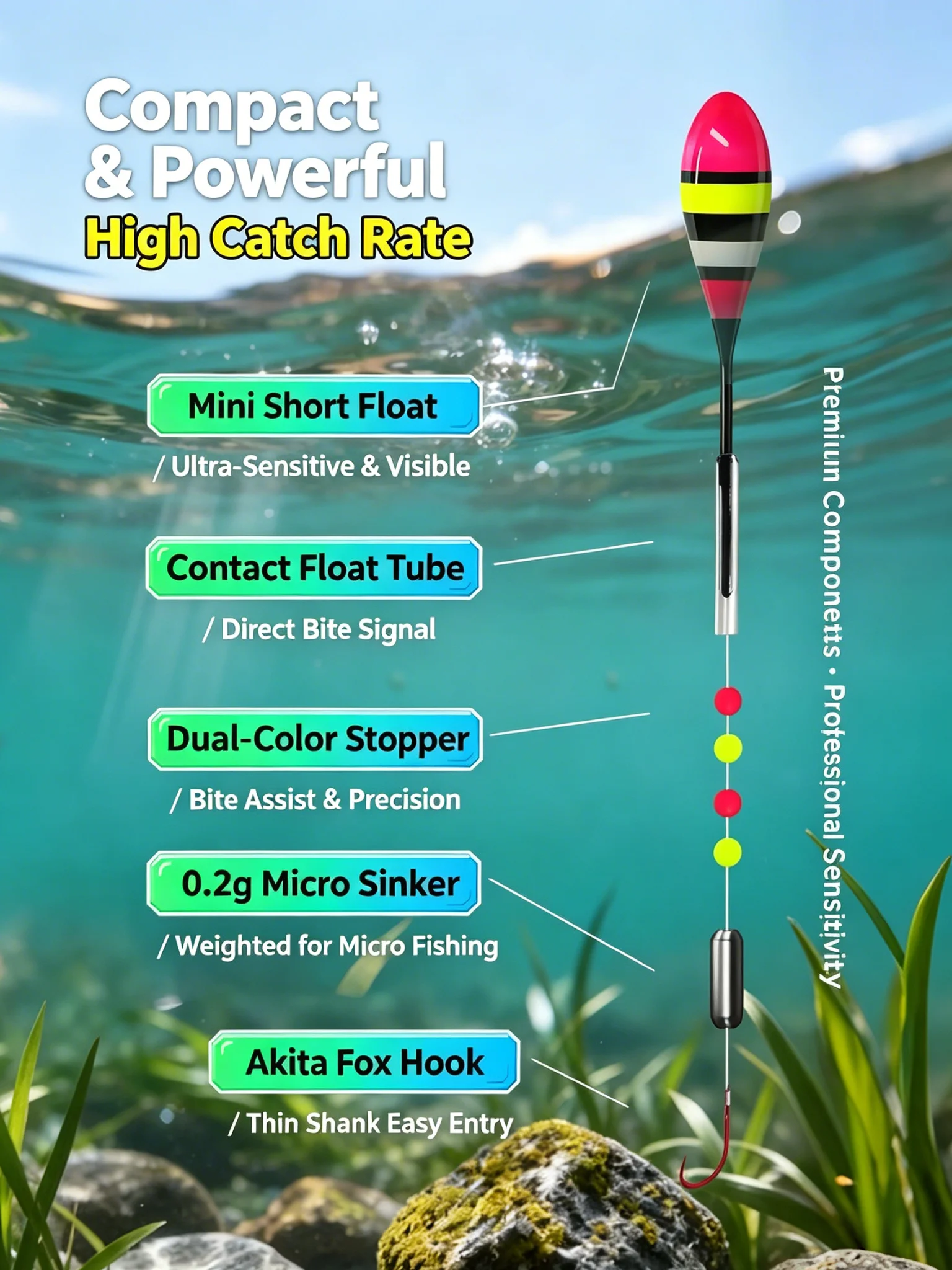 Gebrauchsfertige Stream Float Rig Einzelhaken von Akita Fox, 0,2 g gewichtet, für Mikrofischen auf Forellen, Panfish und Minnows. – Detail 3