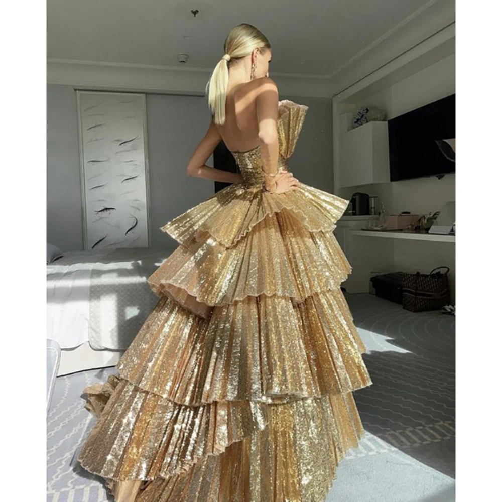 

Golden Evening Dress Wome Luxury Strapless Tiered Pleat Floor Length Gown Formal Occasion Elegant Women Long Dresses Prom Gown