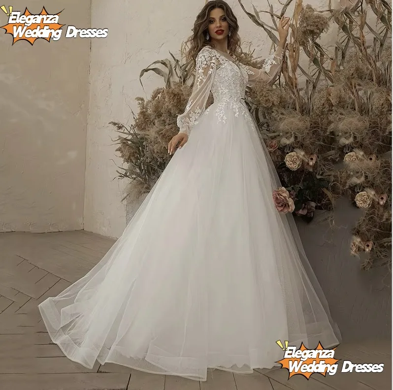 Customized  Exquisite Ivory Wedding Dresses Long Sleeve Appliques Lace 3D Flowers Modern Tulle Boho Bride Gown vestidos de novia