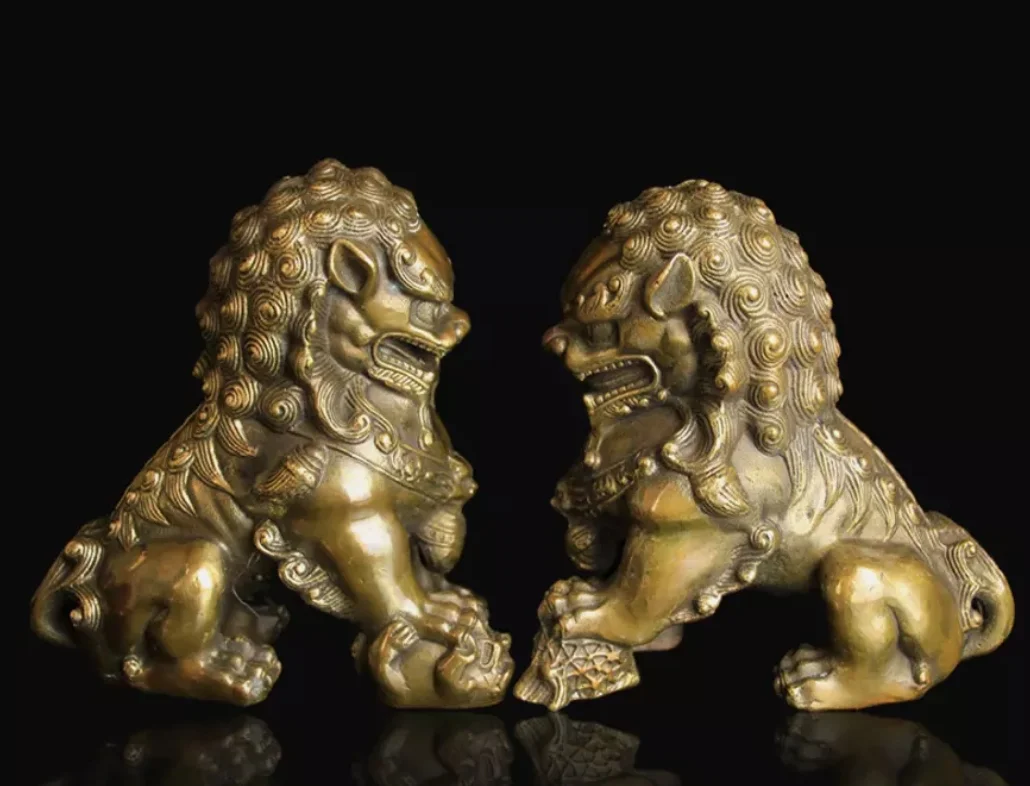 العتيقة البرونزية الباب فنغشوي الحرس فو فو الكلاب الأسد تمثال الأسود زوج #3
