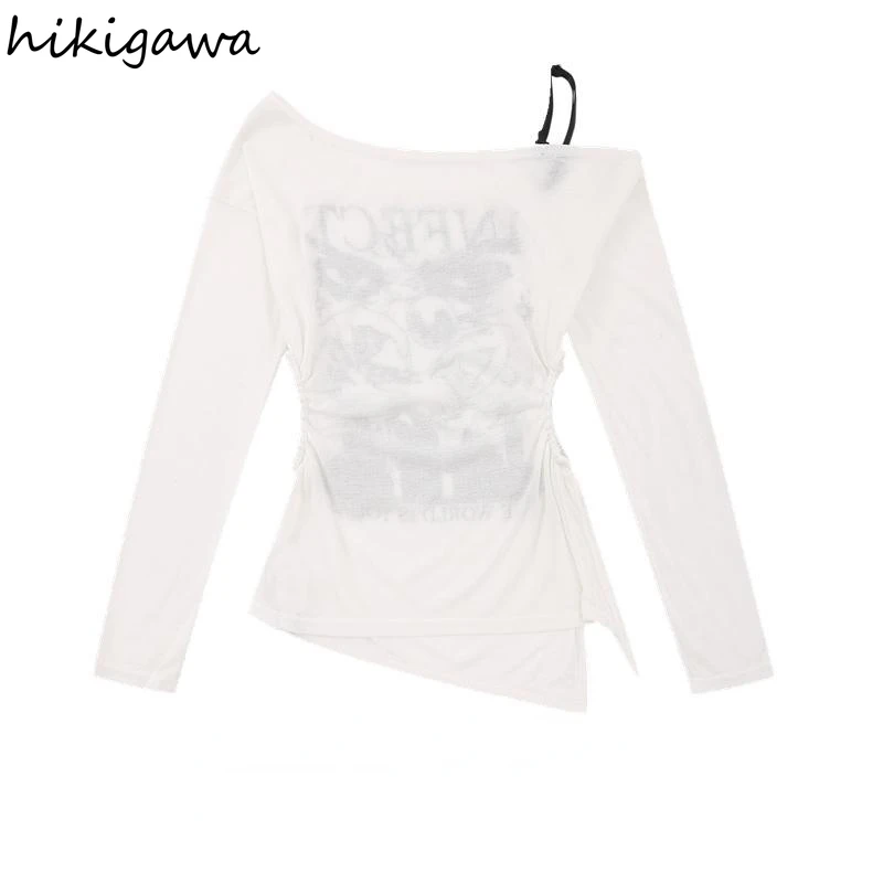 Streetwear Women Tshirts Slash Neck Off Shoulder Long Sleeve Tees Print White Summer Y2k T Shirt Harajuku See Throught Sexy Tops