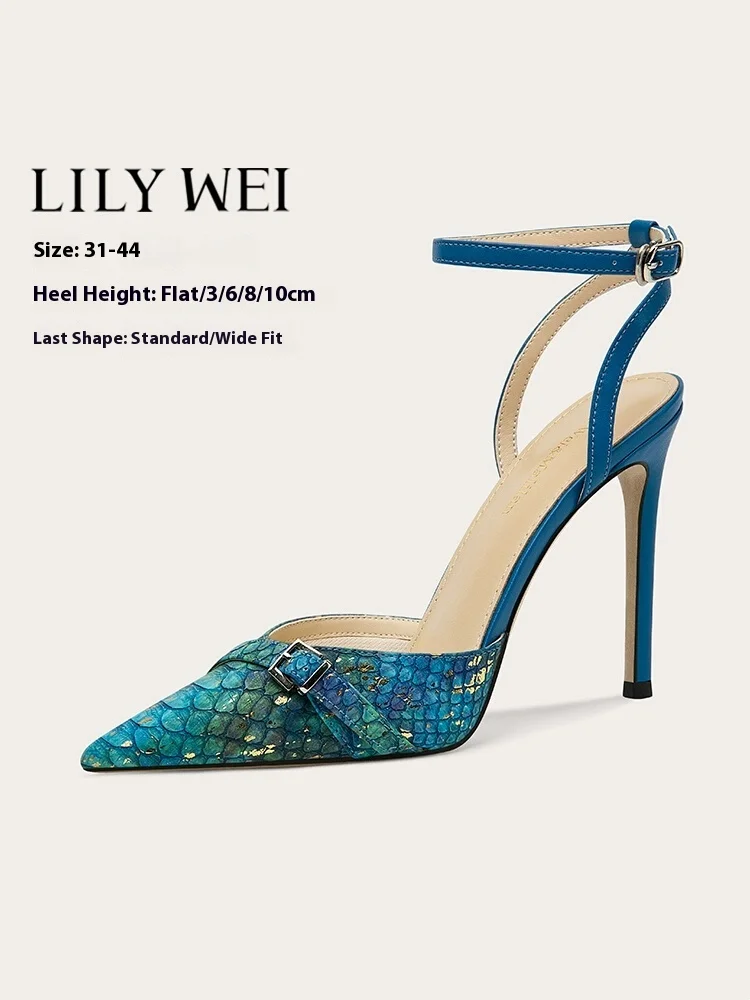 

Spring and summer new blue fish pattern thin strap widened flat shoes thin high heel banquet large size small size women sandals