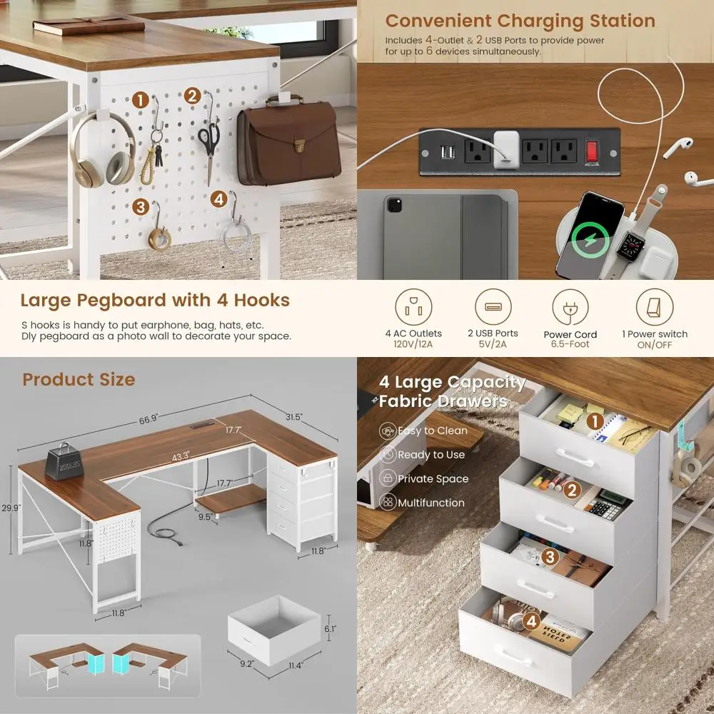 

Реверсивный L-образный стол 67 с 4 тканевыми ящиками, розеткой и перфорированной панелью для домашнего офиса, коричневый и белый