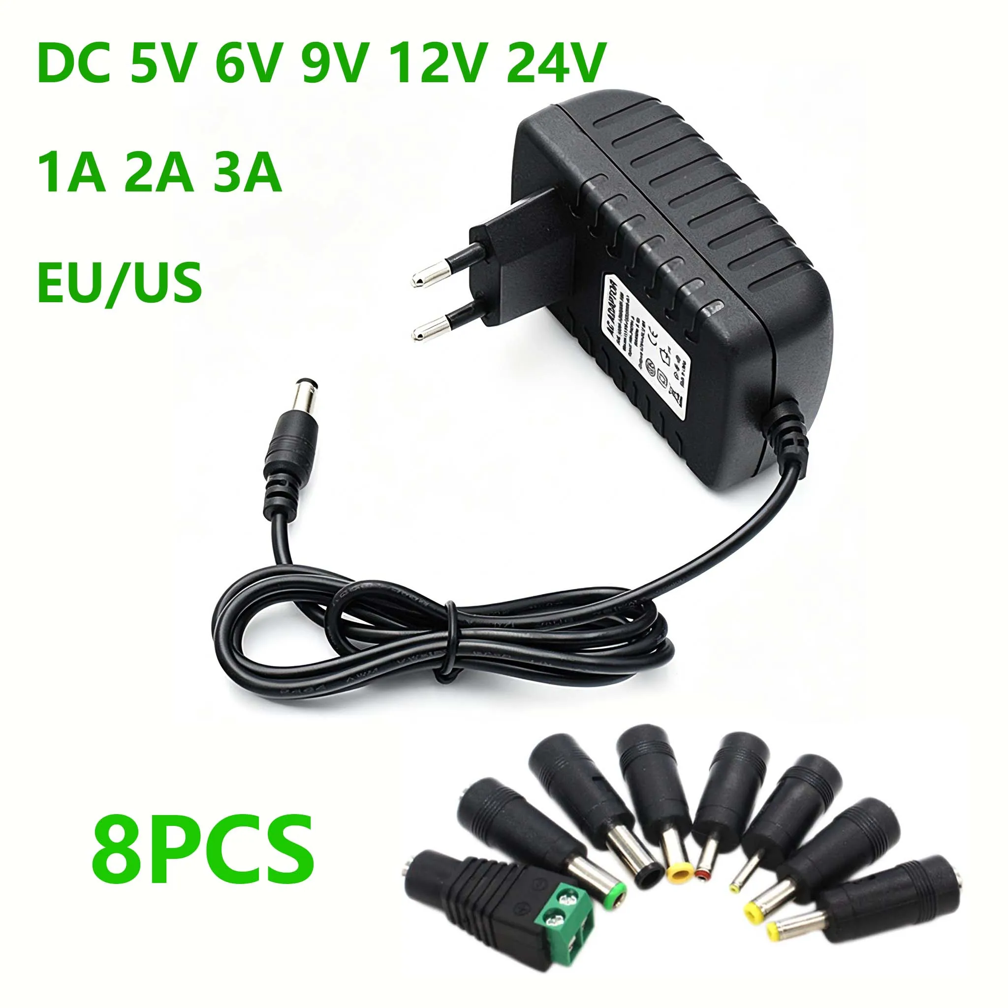 DC 5V 6V 9V 12V 24V Power Supply Adapter 1A 2A 3A  8V 10V 15V 2A 3A Power Adapter DC Plug Converter EU US with 8cs Connect  Plug