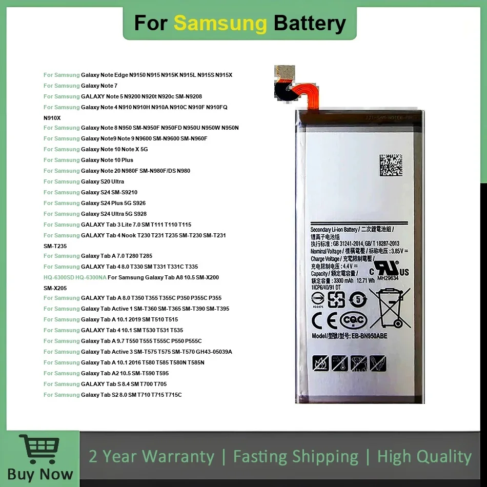 

Аккумулятор для Samsung Galaxy Note 4 5 7 8 9 10 20 S24 Plus Edge Ultra, Tablet Active A S2 A2 3 A8 Lite SM-T365 T530 T585 T510