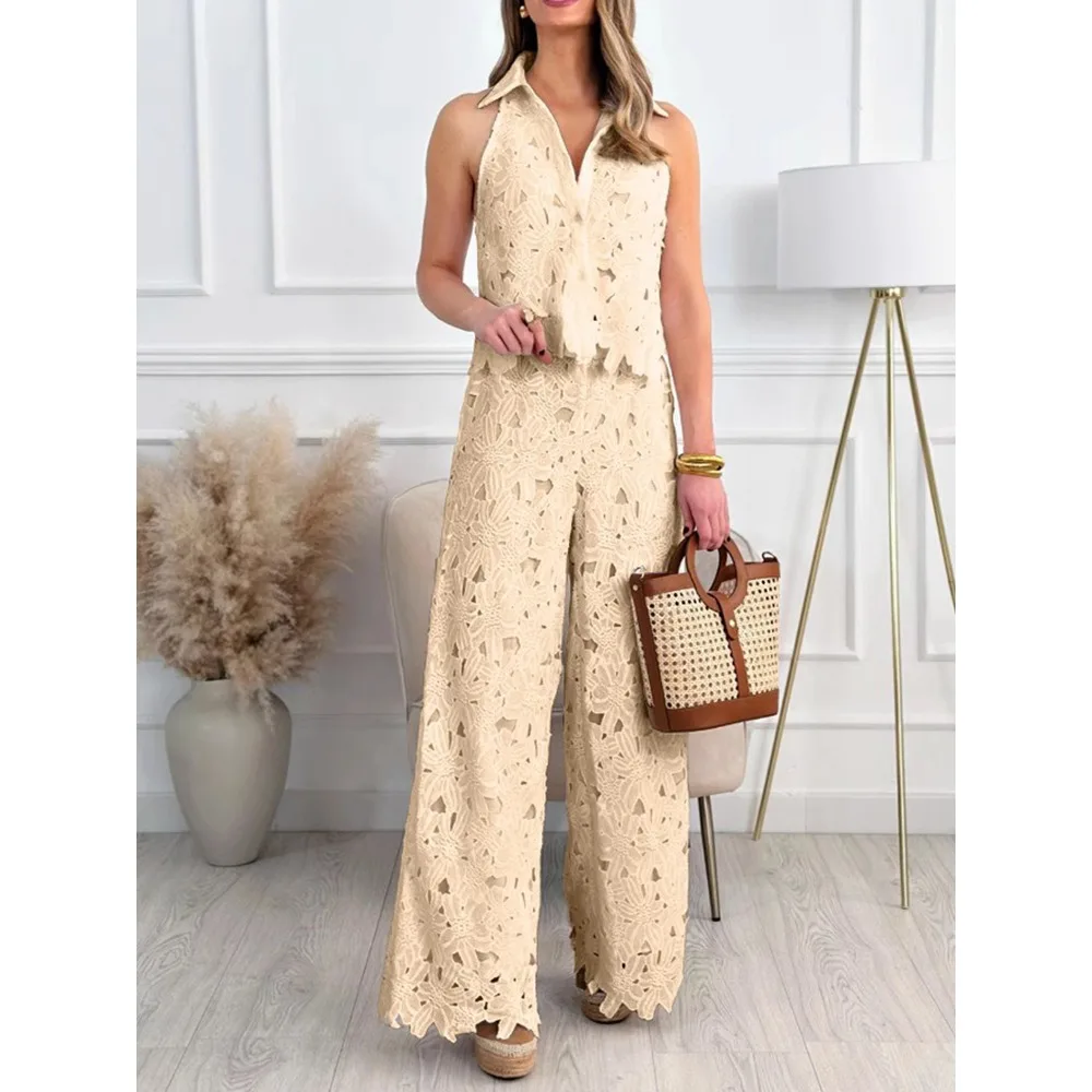Women Halter Lapel V Neck Hollow Cropped Vest High Waist Wide Leg Straight Pants 2 Piece Sets Solid Floral Cutwork Resort Outfit
