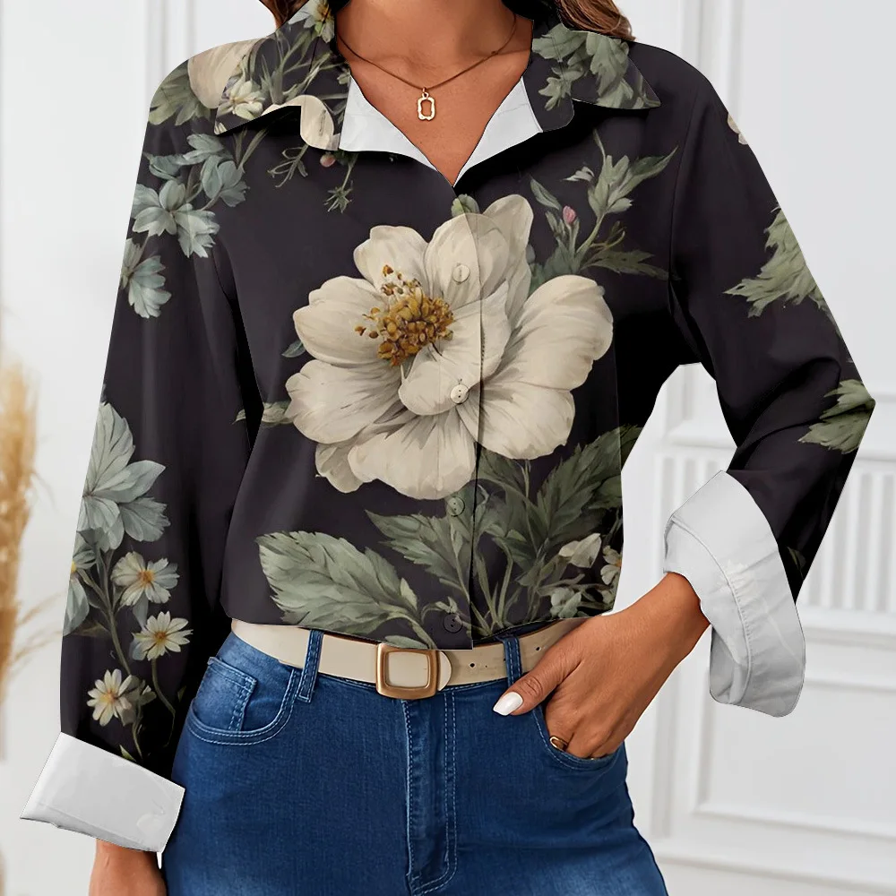 

Женская рубашка с длинным рукавом, элегантная Свободная блузка с отложным воротником и пуговицами, с цветочным принтом, осень 2024