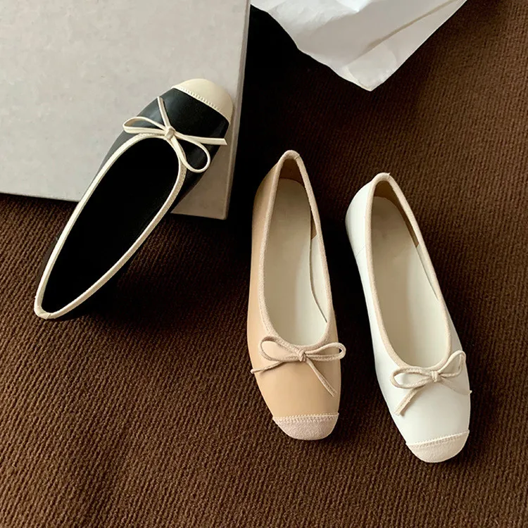 Flat Shoes Leather Ballet Shoes 2022 Summer New French Temperament Bow Match Color Square Shallow Mouth Single Shoes Woman