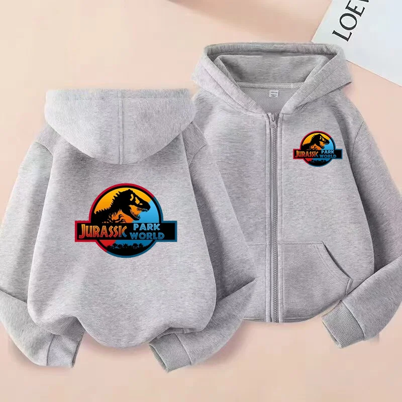 

Children's Jurassic Dinosaur Grey Coat Pretty Girls Boy Fashion Tops 3-12Yrs Zipper Style Long Sleeve Hoodies Leisure Sweatshirt