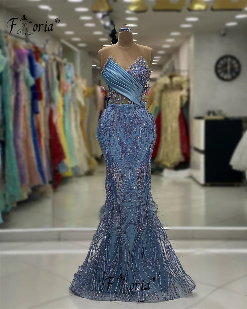 Elegante vestido de noche de sirena brillante azul, lentejuelas brillantes, borlas de cristal, ocasiones formales, vestidos de fiesta de boda, 2023, Haute Coutur