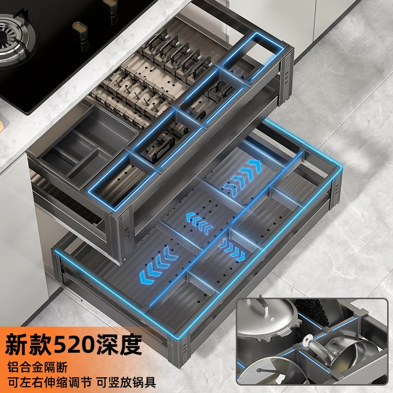 

Pull basket kitchen cabinet 304 stainless steel drain bowl basket drawer type double layer cupboard damping slide pull blue