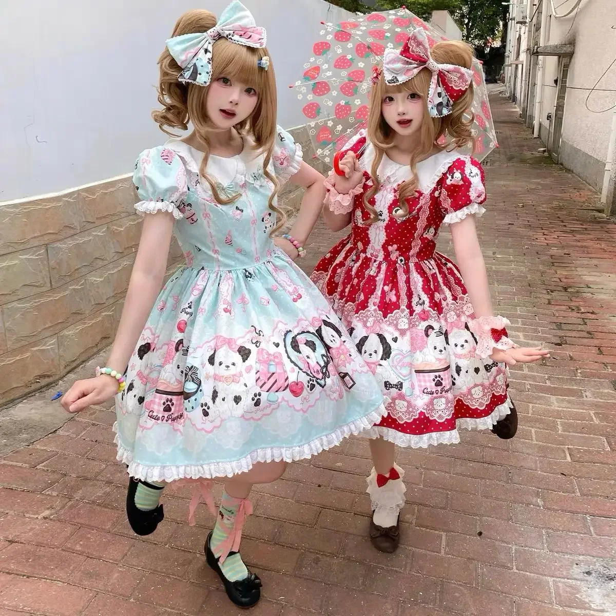 Original Design Cute Lolita Short Puff Sleeve OP Dress Women Vintage Kawaii Cartoon Print Apron Tea Party Princess Dress