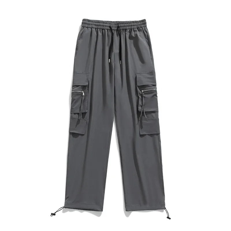 Men's Spring Autumn Solid High Waisted Drawstring Pockets with Elastic Zipper for Casual Loose Wide Leg Trousers Vintage Pants