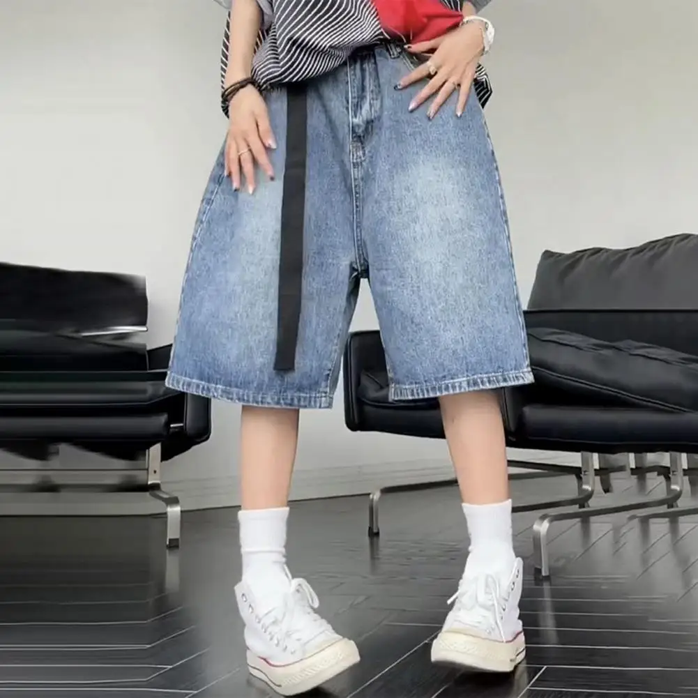 

Denim Jeans Trendy Women's Denim Shorts with Belt Wide Leg High Waist Gradient Color Streetwear Lady Short Jeans Hip for Summer