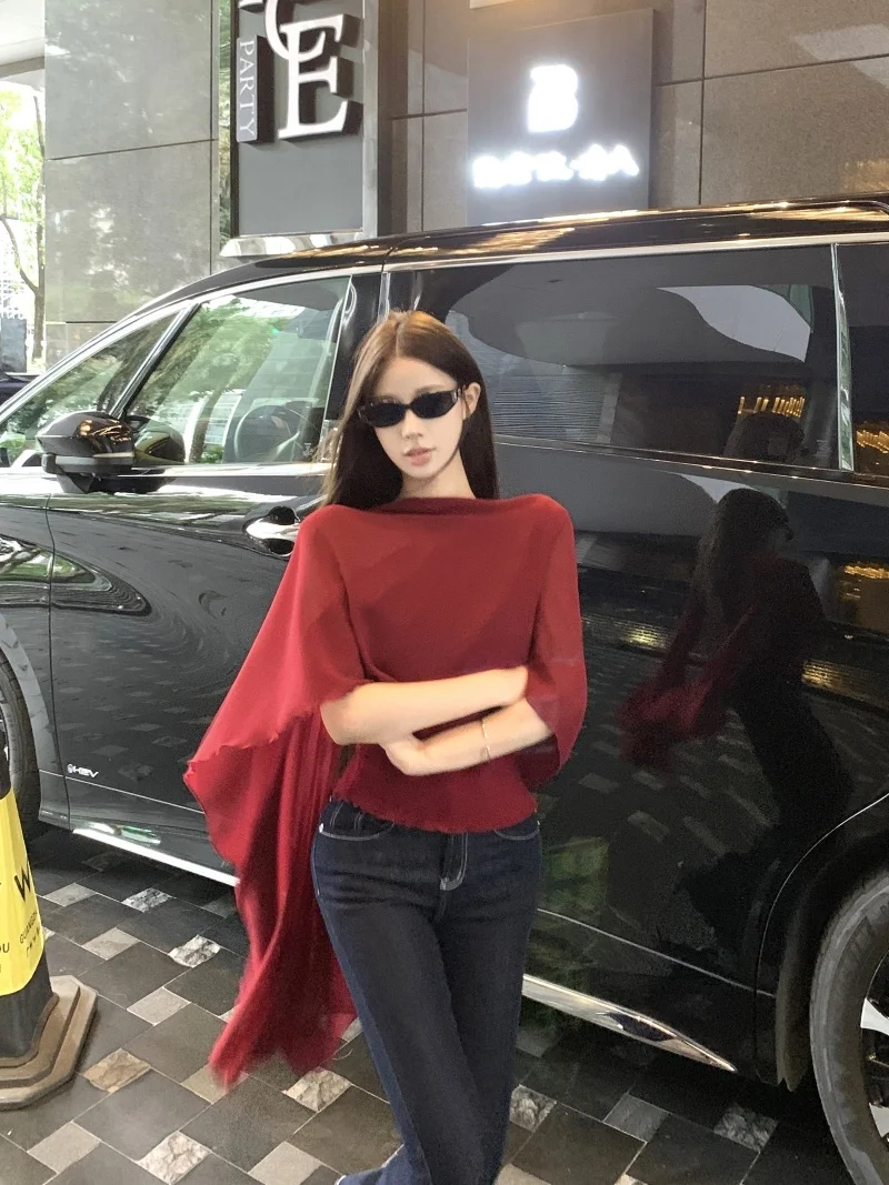 Ele round Ne Acetate Knit Top oulder Bared Draped Decoration رومانسي متعدد الاتجاهات ملابس صيفية رفيعة للغاية ort Sve