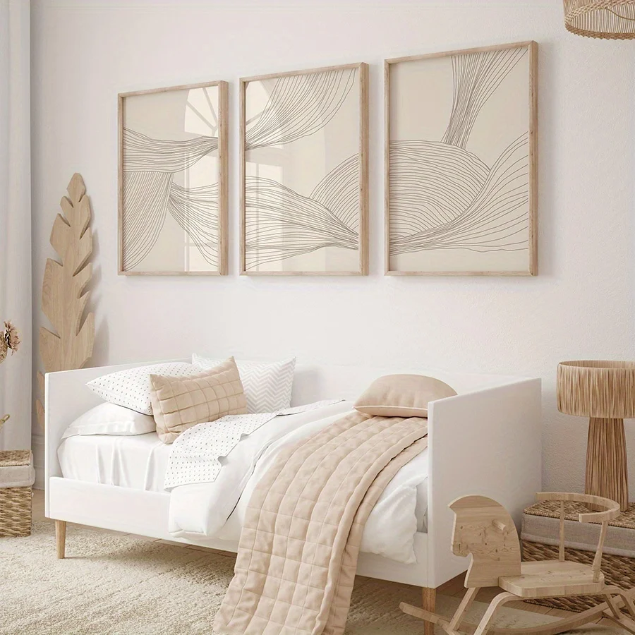 مجموعة 3 قطع من فن الحائط المحايد باللون البيج التجريدي، طباعة فاخرة وعصرية، فن جمالي، ملصق، قماش شمالي بسيط وحديث #5
