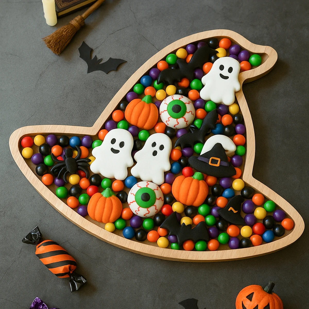 Halloween-Holztablett, Partyteller, Fledermausförmige Palette für Halloween-Dekoration, Süßes oder Saures, Süßigkeiten-Tablett, Halloween-Partyzubehör