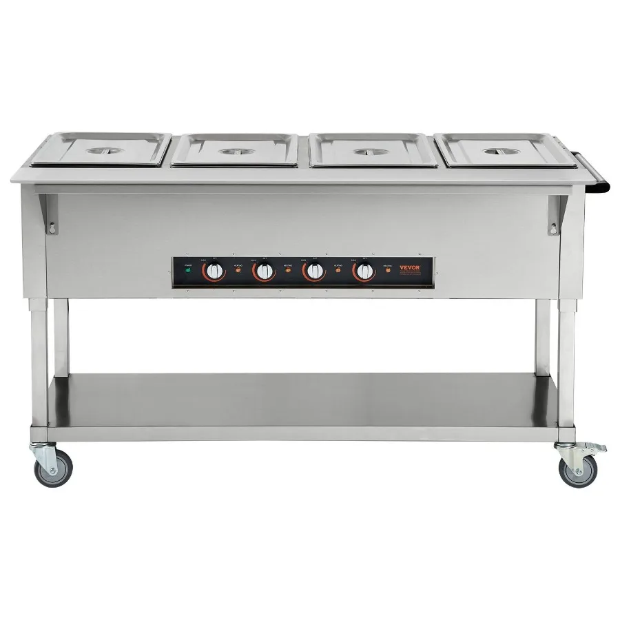 Commerciële voedselverwarmer 4 x 20,6 QT elektrische stoomtafel 2000 W professionele buffetcatering voedselverwarmer met 4 wielen 2 Loc