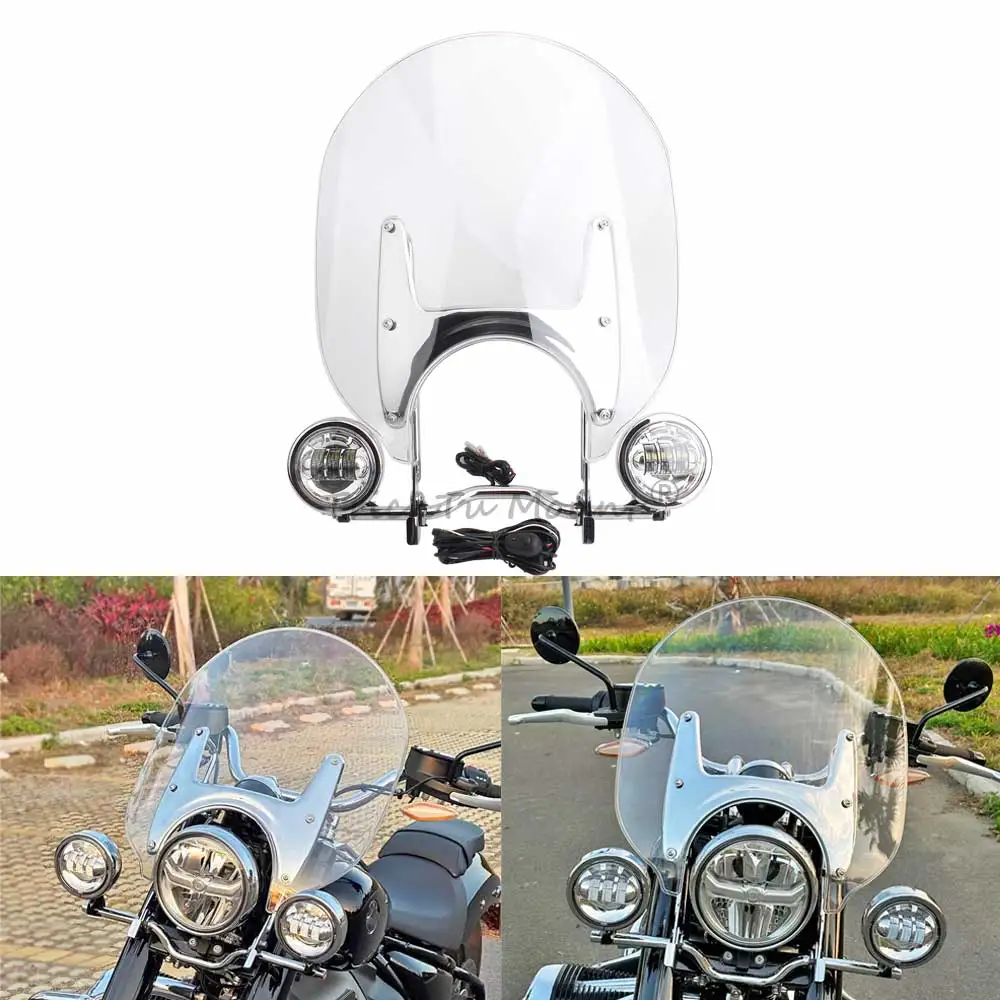 Motorcycle Accessories Windscreen Holder Additional Headlight Windshield w/ Fog Light Kit For BMW R18 100Years Classic 2020-2024