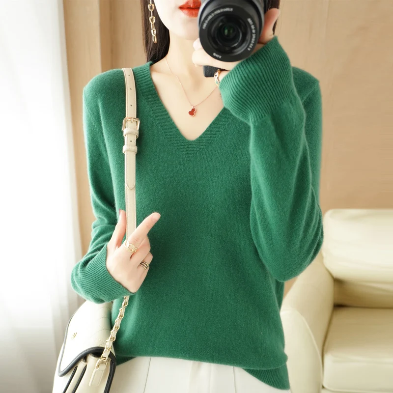 Autumn Winter New Cashmere Sweater Women Keep Warm V-neck Pullovers Knitting Sweater Fashion Korean Long Sleeve Loose Tops