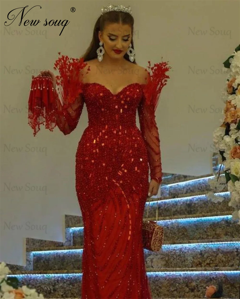 Red Shoulder Feathers Prom Dresses Customized Plus Size Full Beading Sequins Party Gowns Women Dubai Mermaid Evening Dress Robes