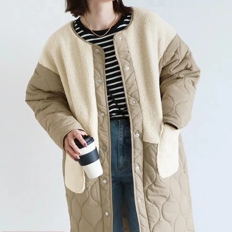 

Retro Splicing Cotton Jaet Outerwear Mid-Length Patchwork Design Winter Coat for Women Straight Cut Regular Sve Long