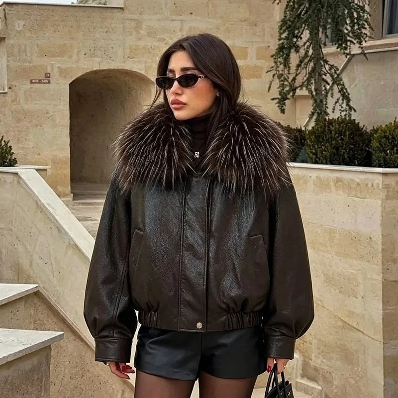 Women's Faux Leather Jacket Winter Faux Raccoon Fur Collar Stylish PU Leather Coat Windproof Insulation Faux Leather Coat