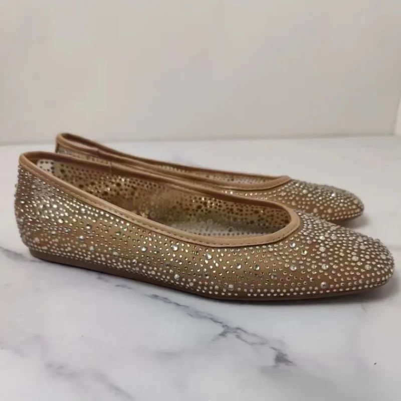 Elegant Shallow Women Flats Sparkling Luxury Rhinstones Slip on 2024 Summer Breathable Mesh Fabric Ballet Shoes for Ladies