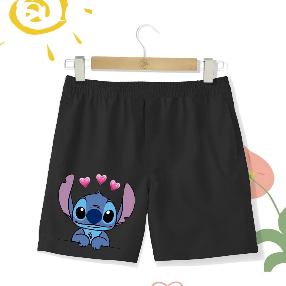 Summer Fashion Seaside Beach Shorts Boys Girls Anime Stitch Print Kids Shorts Kids Disney Casual with Pocket Shorts 2-14 New