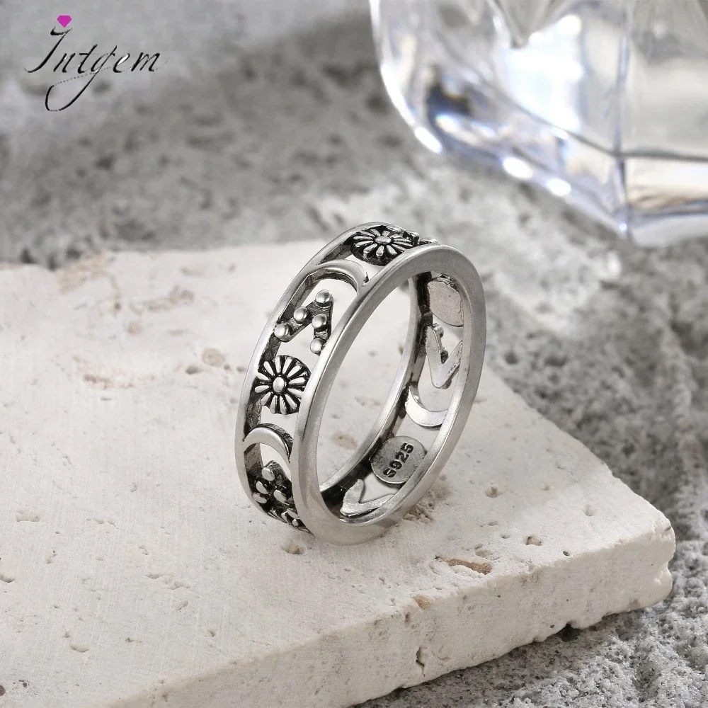 925 Sterling Silver Flower Cutout Finger Ring Vintage Fashion Ladies Wedding Jewelry Gift Party Dance Ring