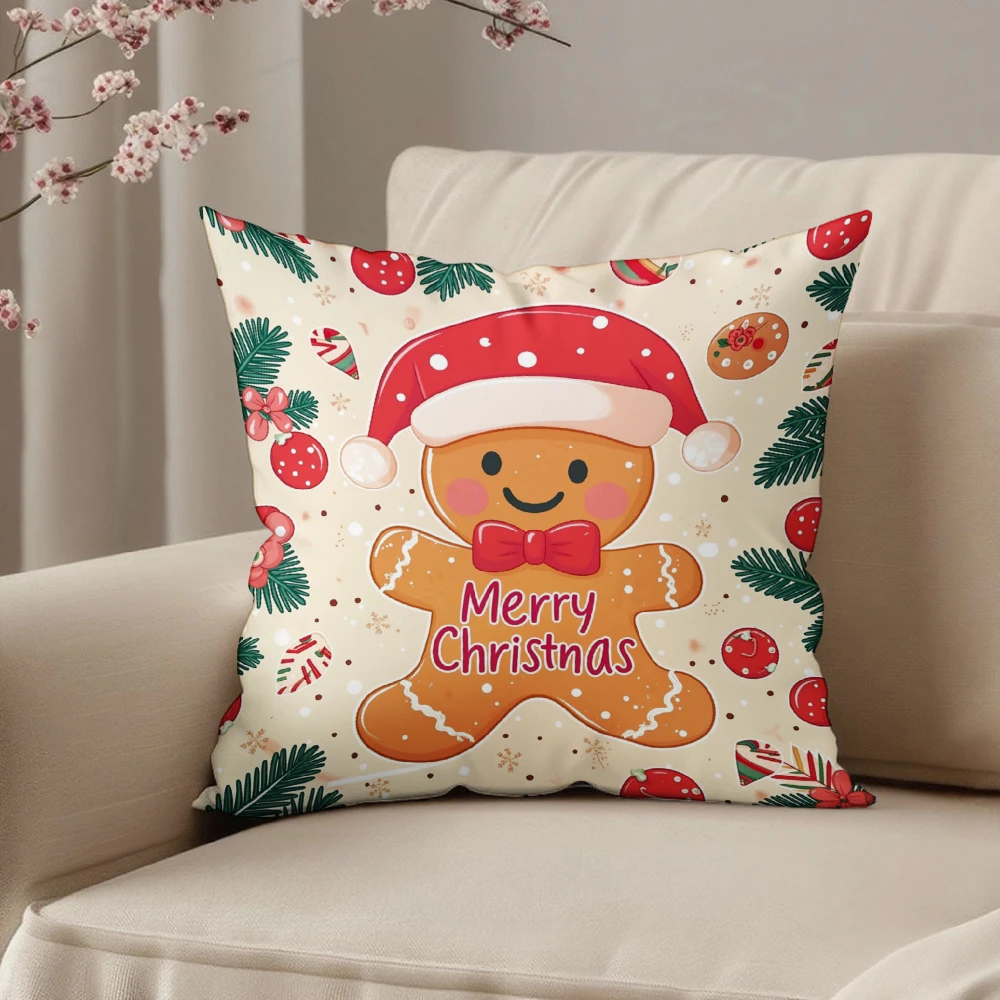 Square Throw Pillow Case Cream White Gingerbread Man Wearing Santa Hat With Merry Christmas Text And Festive Pattern For Home