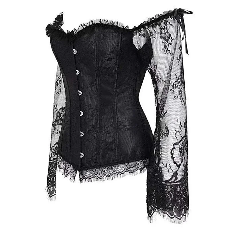 

Women Overbust Corset Sexy Lace Long Sleeve Flat Shoulder Bustiers Top Gothic Burlesque Body Shaper Fashion Corselet