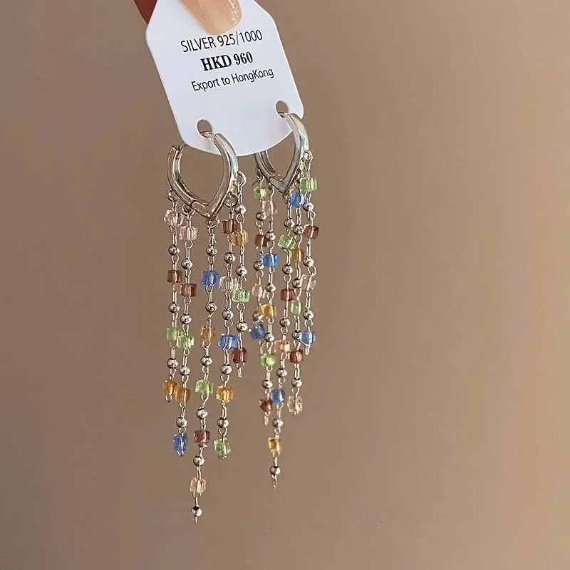 New Colorful Crystal Long Tassel Ear Clips for Women Cute Fashionable Daily Earrings Accessories Party Jewelry Birthday Gifts